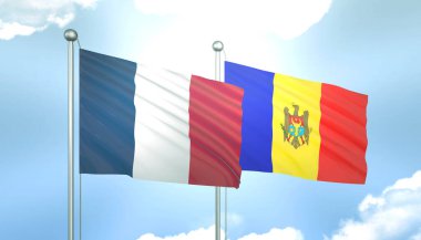 Fransa ve Moldova 'nın 3D Bayrağı Mavi Gökyüzünde Güneş Işığıyla