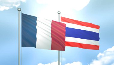 Fransa ve Tayland 'ın 3D Bayrağı Mavi Gökyüzünde Güneş Işığıyla