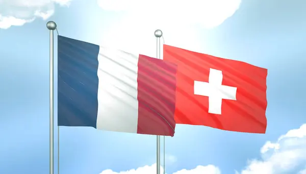 3D Flag of France and Switzerland on Blue Sky with Sun Shine