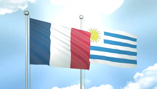 3D Flag of France and Uruguay on Blue Sky with Sun Shine