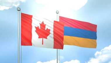Kanada ve Ermenistan 'ın 3D Bayrağı Mavi Gökte Güneş Işığıyla