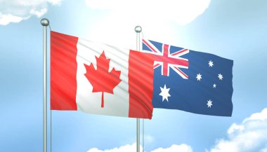 Kanada ve Avustralya 'nın 3D Bayrağı Mavi Gökte Güneş Işığıyla