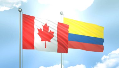 Kanada ve Kolombiya 'nın 3D Bayrağı Mavi Gökte Güneş Işığıyla