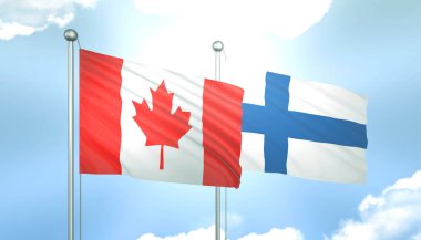 Kanada ve Finlandiya 'nın 3D Bayrağı Mavi Gökte Güneş Işığıyla