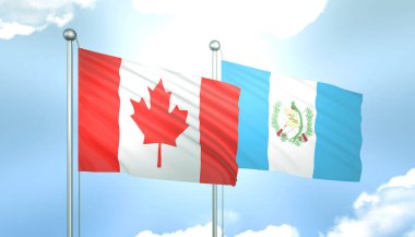 3D Kanada Bayrağı ve Guatemala Mavi Gök 'te Güneş Işığıyla