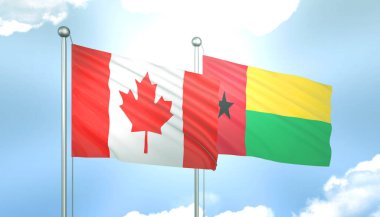 Kanada 'nın 3D Bayrağı ve Mavi Gökyüzünde Güneş Işığıyla Gine Bissau