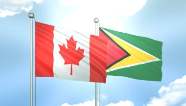 3D Kanada Bayrağı ve Guyana Mavi Gökyüzünde Güneş Işığıyla