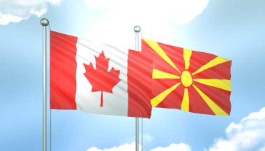 Kanada ve Makedonya 'nın 3D Bayrağı Mavi Gökyüzünde Güneş Işığıyla