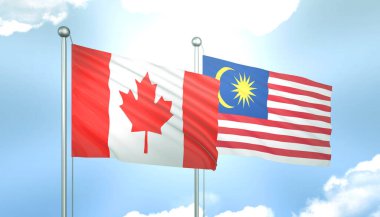 Kanada ve Malezya 'nın 3D Bayrağı Mavi Gökyüzünde Güneş Işığıyla