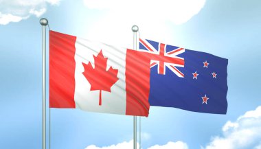 Kanada ve Yeni Zelanda 'nın 3D Bayrağı Mavi Gökyüzünde Güneş Işığıyla