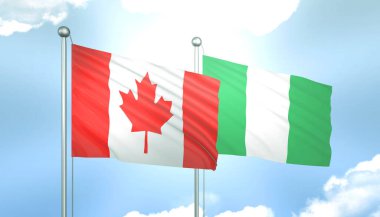 Kanada ve Nijerya 'nın 3D Bayrağı Mavi Gökyüzünde Güneş Işığıyla