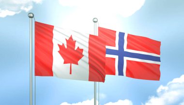 Kanada ve Norveç 'in 3D Bayrağı Mavi Gökyüzünde Güneş Işığıyla