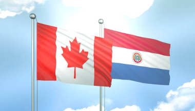 Kanada 'nın 3D Bayrağı ve Paraguay Mavi Gökyüzünde Güneş Işığıyla