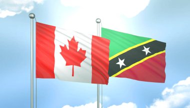 Kanada 'nın 3D Bayrağı ve Saint Kitts ve Nevis Mavi Gökyüzünde Güneş Işığıyla