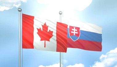 Kanada ve Slovakya 'nın 3D Bayrağı Mavi Gökyüzünde Güneş Işığıyla