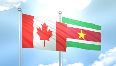 Kanada 'nın 3D Bayrağı ve Mavi Gökyüzünde Güneş Işığıyla Surinam