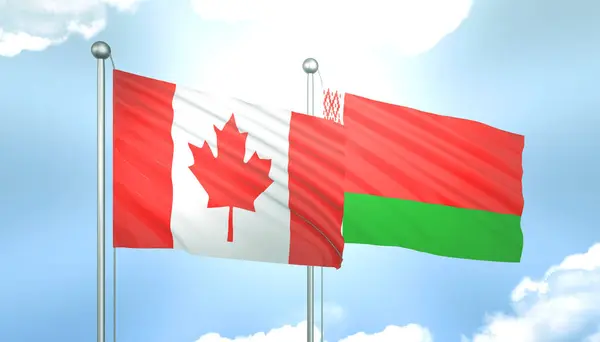 3D Flag of Canada and Belarus on Blue Sky with Sun Shine
