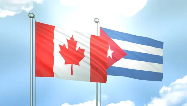 3D Flag of Canada and Cuba on Blue Sky with Sun Shine