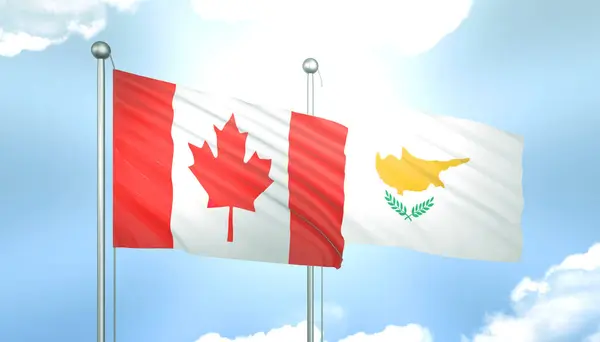 3D Flag of Canada and Cyprus on Blue Sky with Sun Shine