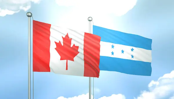 3D Flag of Canada and Honduras on Blue Sky with Sun Shine