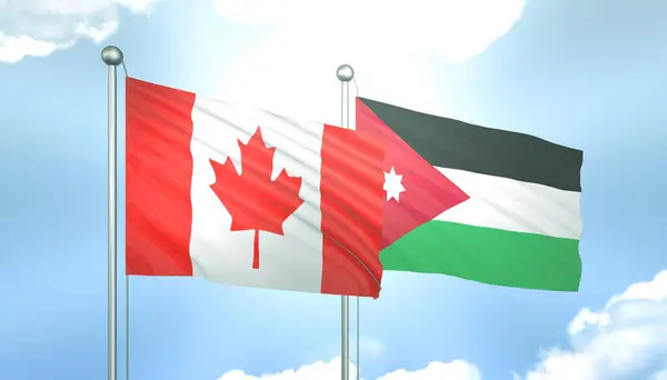 3D Flag of Canada and Jordan on Blue Sky with Sun Shine