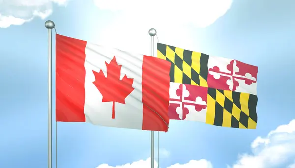 3D Flag of Canada and Maryland on Blue Sky with Sun Shine