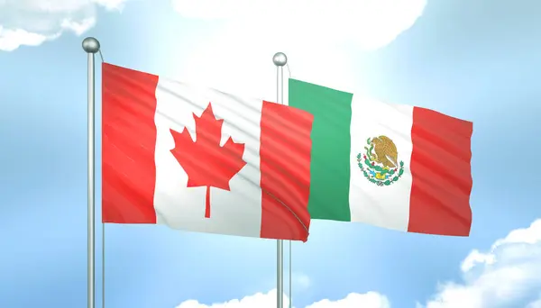 3D Flag of Canada and Mexico on Blue Sky with Sun Shine