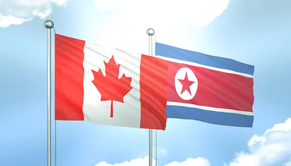 3D Flag of Canada and North Korea on Blue Sky with Sun Shine