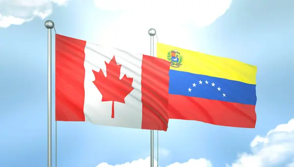 3D Flag of Canada and Venezuela on Blue Sky with Sun Shine