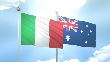 İtalya ve Avustralya 'nın 3D Bayrağı Mavi Gökte Güneş Işığıyla