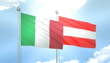 İtalya ve Avusturya 'nın 3D Bayrağı Mavi Gökyüzünde Güneş Işığıyla