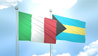 İtalya ve Bahamalar 'ın 3D Bayrağı Mavi Gökte Güneş Işığıyla