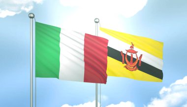 3D İtalya Bayrağı ve Brunei Mavi Gökyüzünde Güneş Işığıyla
