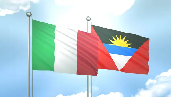3D Flag of Italy and Antigua  Barbuda on Blue Sky with Sun Shine