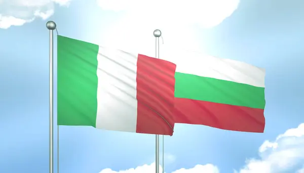 3D Flag of Italy and Bulgaria on Blue Sky with Sun Shine