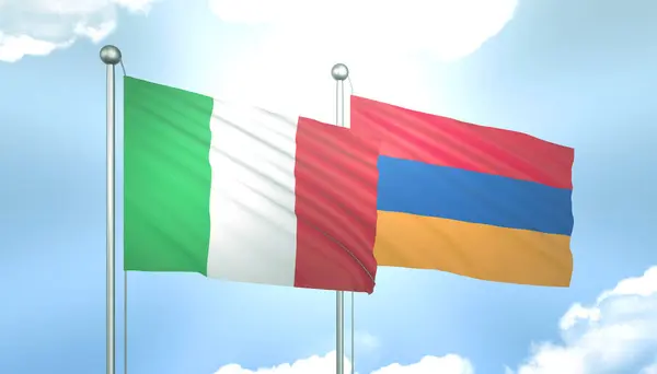 3D Flag of Italy and Armenia on Blue Sky with Sun Shine