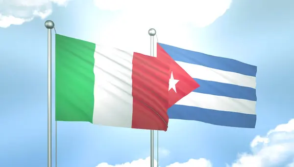 3D Flag of Italy and Cuba on Blue Sky with Sun Shine
