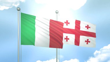 İtalya ve Gürcistan 'ın 3D Bayrağı Mavi Gökte Güneş Işığıyla