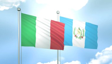 İtalya 'nın 3D Bayrağı ve Guatemala Mavi Gökyüzünde Güneş Işığıyla