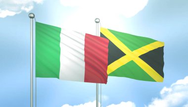 İtalya ve Jamaika 'nın 3D Bayrağı Mavi Gökte Güneş Işığıyla