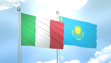 İtalya ve Kazakistan 'ın 3D Bayrağı Mavi Gökyüzünde Güneş Işığıyla