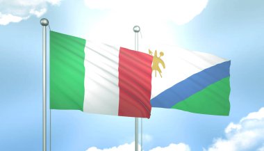 İtalya 'nın 3D Bayrağı ve Mavi Gökyüzünde Güneş Işığıyla Lesotho