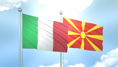 İtalya ve Makedonya 'nın 3D Bayrağı Mavi Gökte Güneş Işığıyla