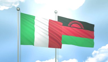 İtalya 'nın 3D Bayrağı ve Mavi Gökte Güneş Işığı Altında Malawi