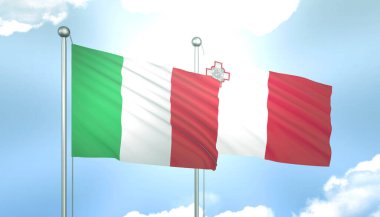 İtalya ve Malta 'nın 3D Bayrağı Mavi Gökyüzünde Güneş Işığıyla