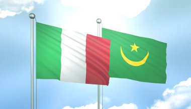 İtalya 'nın 3D Bayrağı ve Moritanya Mavi Gökyüzünde Güneş Işığıyla