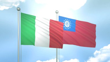 İtalya 'nın 3D Bayrağı ve Myanmar Mavi Gökyüzünde Güneş Işığıyla