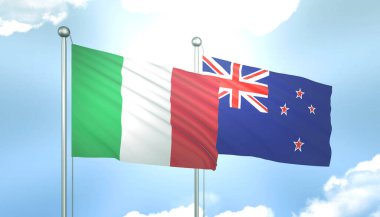 İtalya ve Yeni Zelanda 'nın 3D Bayrağı Mavi Gökyüzünde Güneş Işığıyla