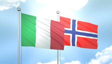 İtalya ve Norveç 'in 3D Bayrağı Mavi Gökyüzünde Güneş Işığıyla