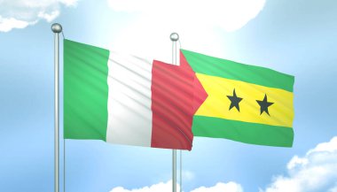 3D İtalya Bayrağı ve Sao Tome Mavi Gökyüzünde Güneş Işığıyla